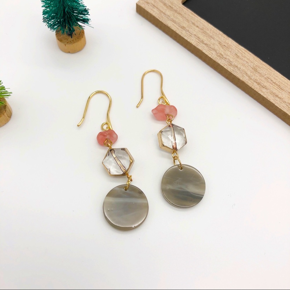 🌵4/25$ Gold Color Fashion Earring Pink Gray Stone